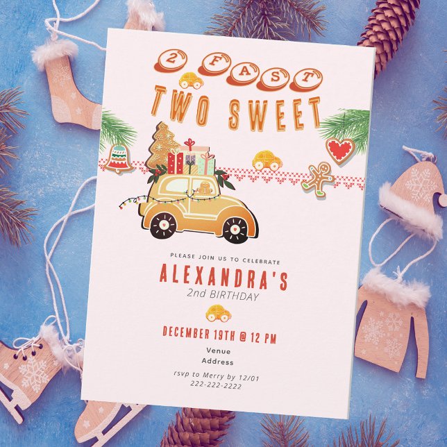 Two Fast Christmas Gingerbread Car P 2nd Birthday Invitation (Two Fast Two Sweet Christmas Gingerbread Car Pink Girl 2nd Birthday December Winter Invitation)