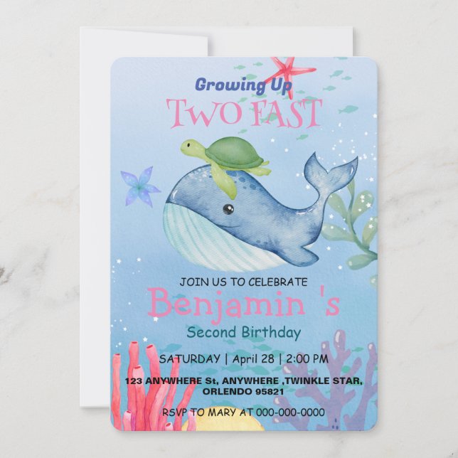 Two fast Cute Blue Sea Coral turtle Whale Birthday Invitation (Front)