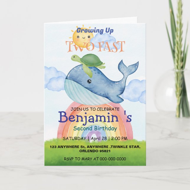 Two fast Cute rainbow sun turtle Whale Birthday Invitation (Front)