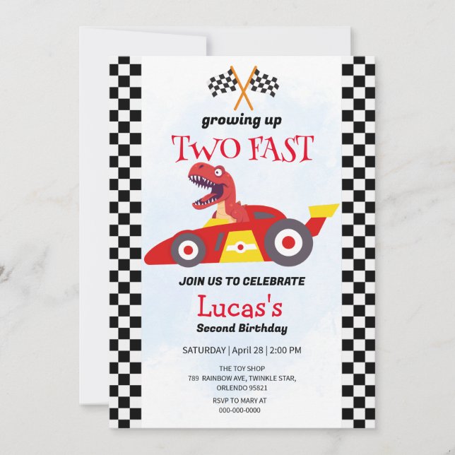 Two Fast Dinosaur Race Car 2nd Birthday Party  Invitation (Front)