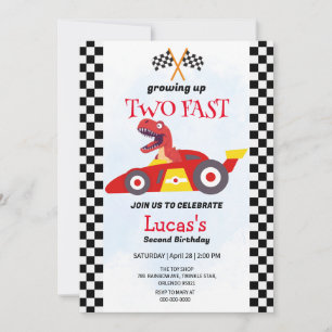 Two Fast Dinosaur Race Car 2nd Birthday Party  Invitation
