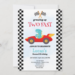 Two Fast Dinosaur Race Car 2nd Birthday Party  Invitation