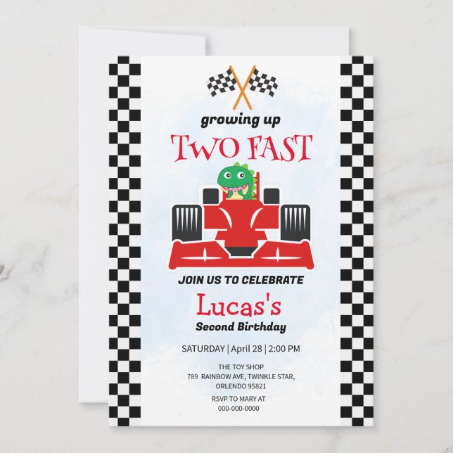 Two Fast Dinosaur Race Car 2nd Birthday Party  Invitation (Front)
