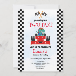 Two Fast Dinosaur Race Car 2nd Birthday Party  Invitation