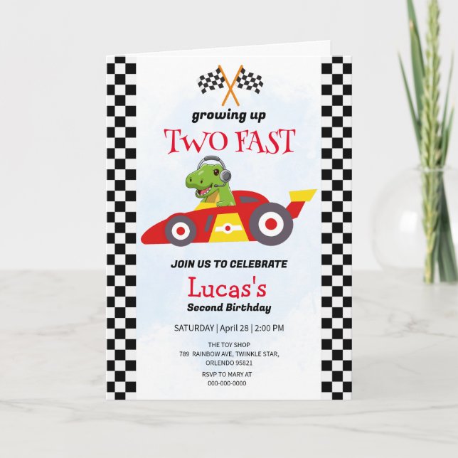 Two Fast Dinosaur Race Car 2nd Birthday Party  Invitation (Front)