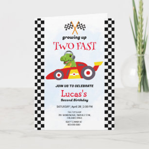 Two Fast Dinosaur Race Car 2nd Birthday Party  Invitation