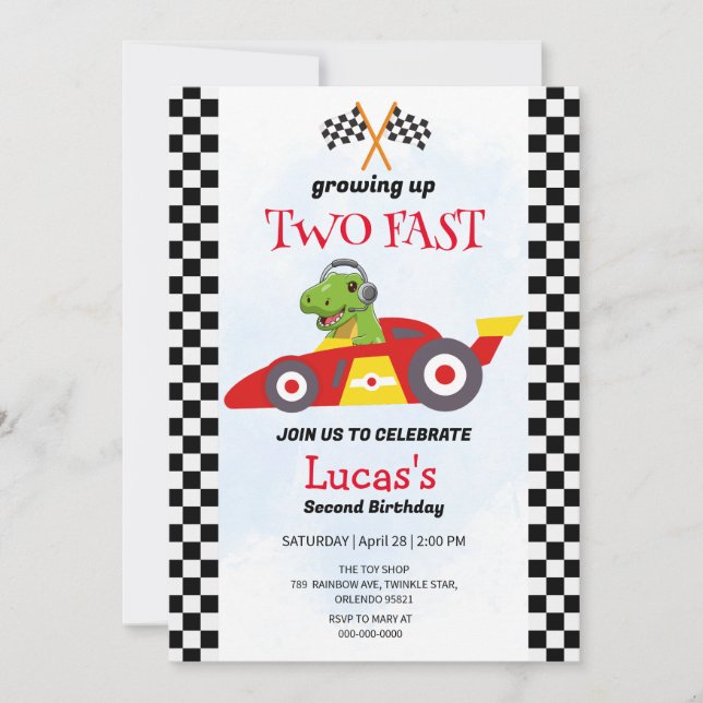 Two Fast Dinosaur Race Car 2nd Birthday Party  Invitation (Front)