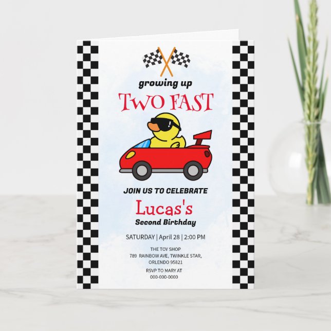 Two Fast Dinosaur Race Car 2nd Birthday Party  Invitation (Front)