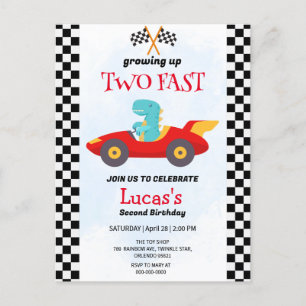 Two Fast Dinosaur Race Car 2nd Birthday Party  Postcard