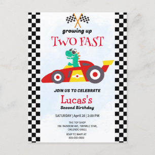 Two Fast Dinosaur Race Car 2nd Birthday Party  Postcard