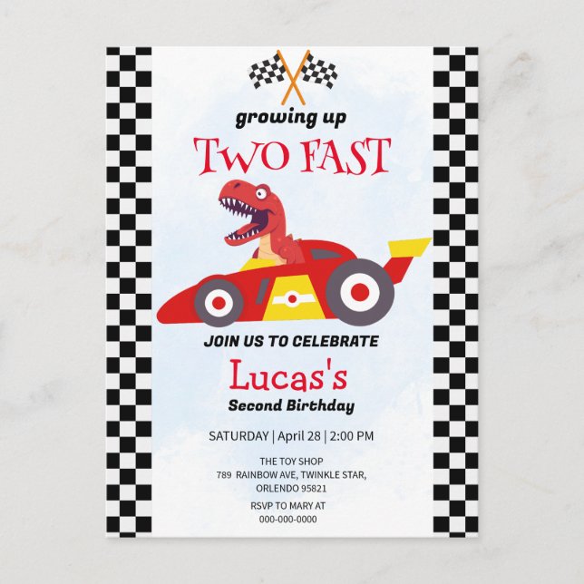 Two Fast Dinosaur Race Car 2nd Birthday Party  Postcard (Front)