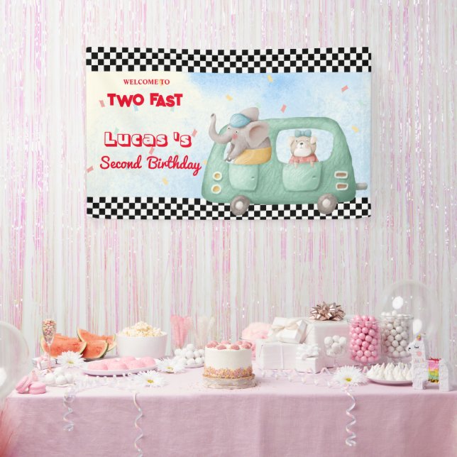 Two Fast Elephant Dog Race Car 2nd HBD Party Banner (Party)