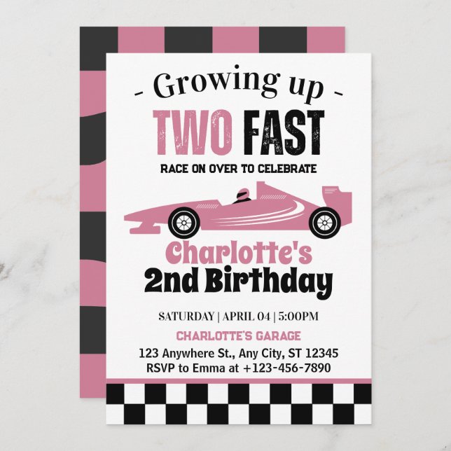 Two Fast Girl 2nd Birthday Party Invitation (Front/Back)