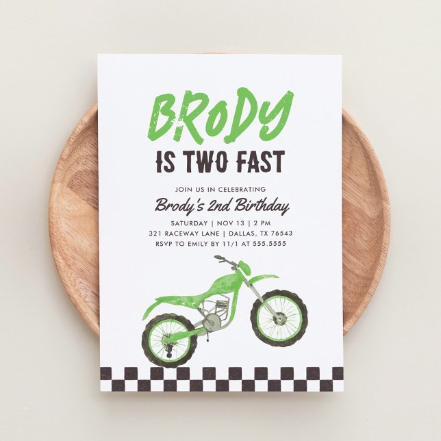 Two Fast Green Dirt Bike Boy 2nd Birthday Invitation (Creator Uploaded)