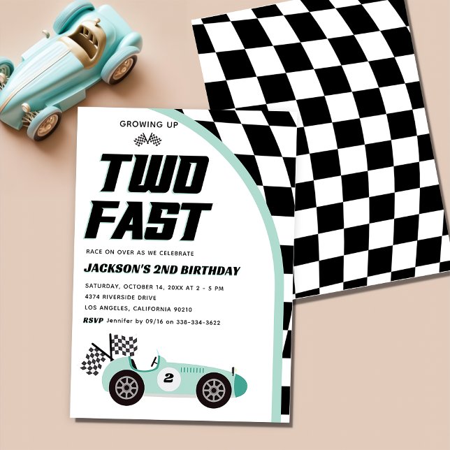 Two Fast Green Race Car Birthday Party Invitation (Creator Uploaded)