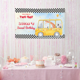 Two Fast Hippo Giraffe School Bus 2nd HBD Party Banner