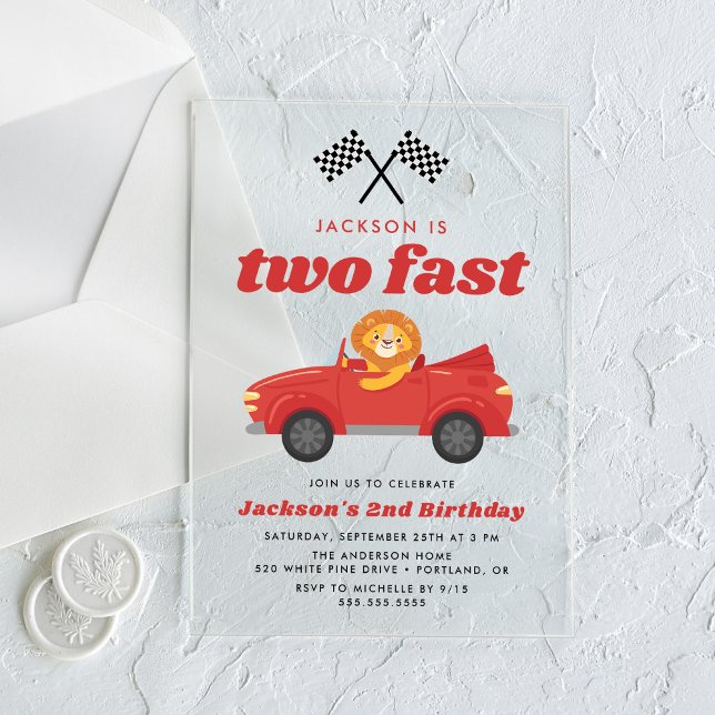 Two Fast Lion Red Race Car Boy 2nd Birthday Acrylic Invitations (Creator Uploaded)