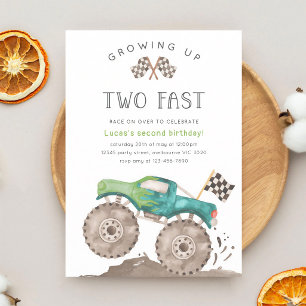 Two Fast Monster Truck 2nd Birthday Green Invitation