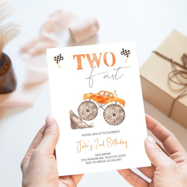 TWO Fast Orange Monster Truck Invitation  (Creator Uploaded)