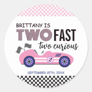 Two Fast Pink Race Car Second Birthday  Classic Round Sticker
