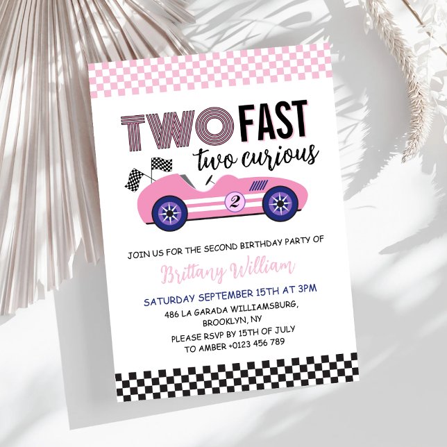 Two Fast Pink Race Car Second Birthday  Invitation (Creator Uploaded)