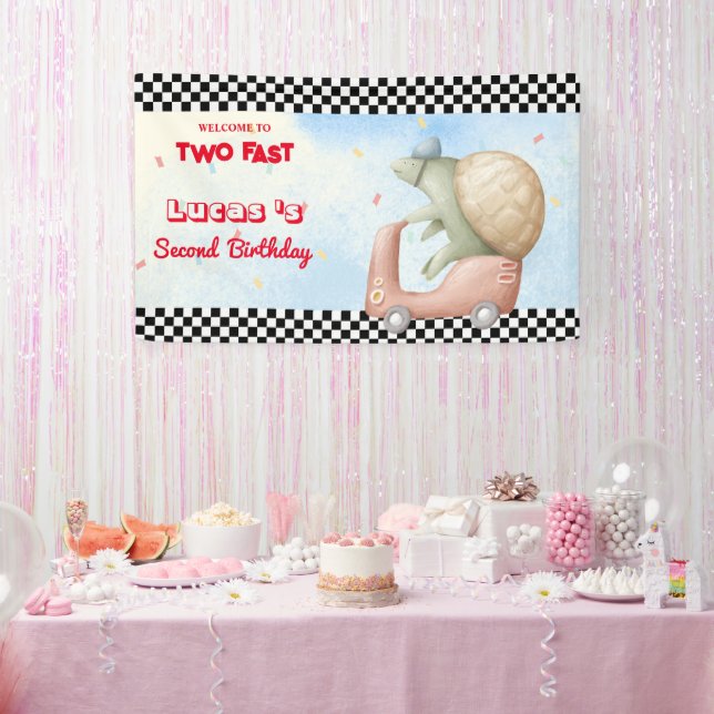 Two Fast Pink Turtle Bike race car 2nd HBD Party Banner (Party)