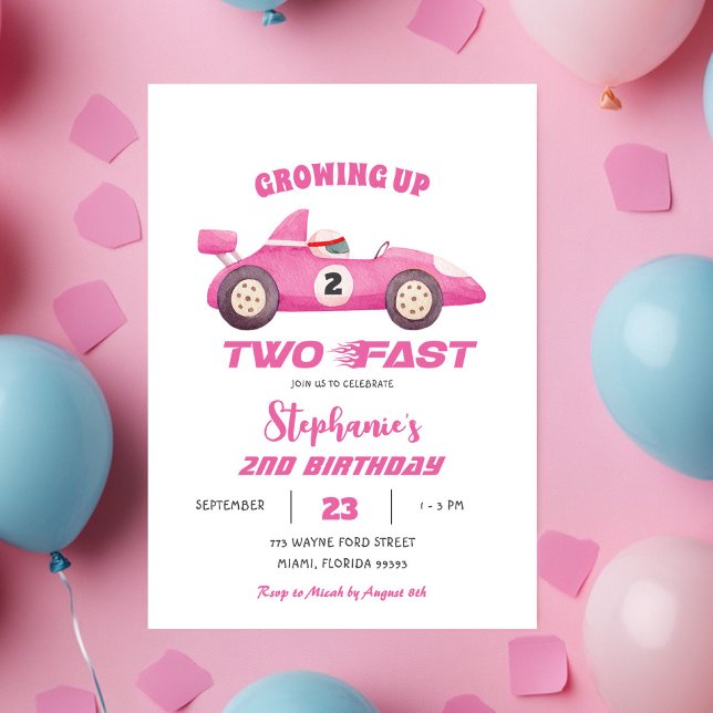 Two Fast Pink Vintage Racing Car Second Birthday Invitation (Creator Uploaded)