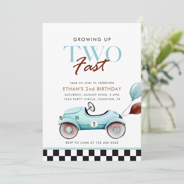 TWO Fast Race Car 2nd Birthday Blue boy Invitation (Standing Front)
