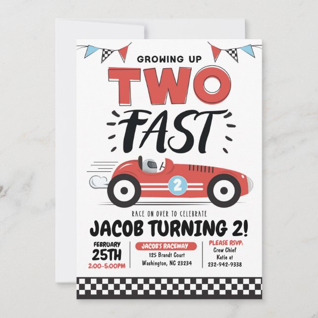 Two Fast Race Car 2nd Birthday Party Invitation (Front)
