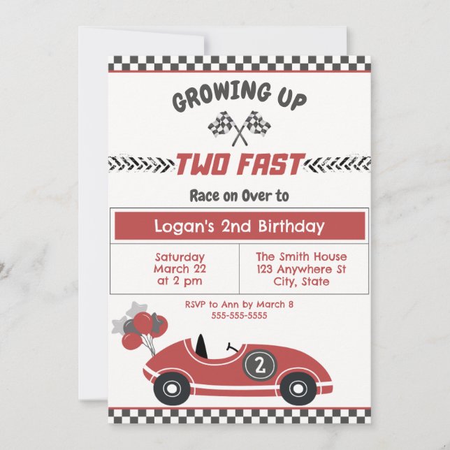 "Two Fast" Race Car 2nd Birthday Party Invitation (Front)