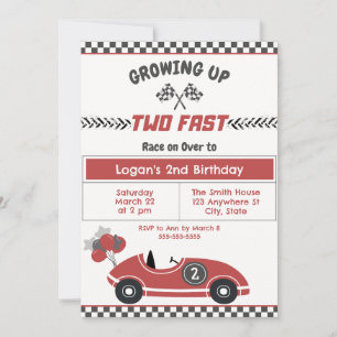 "Two Fast" Race Car 2nd Birthday Party Invitation