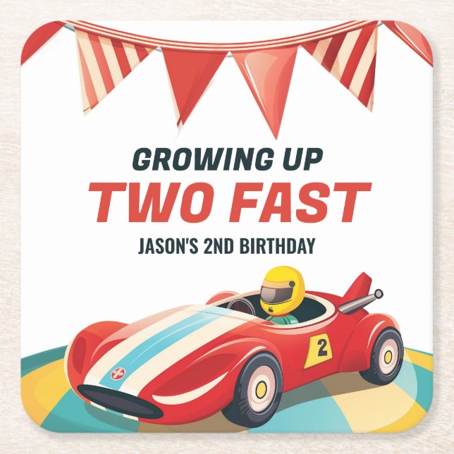 Two Fast Race Car 2nd Birthday Square Paper Coaster (Front)