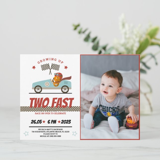 Two Fast Race Car Birthday Invitation With Photo (Standing Front)