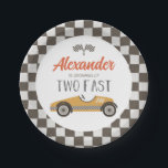 Two Fast Race Car Birthday Paper Plates<br><div class="desc">Growing up Two Fast Race Car 2nd Birthday plate with yellow retro race car.</div>