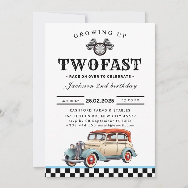 Two Fast Race Car Birthday Party  Invitation (Front)