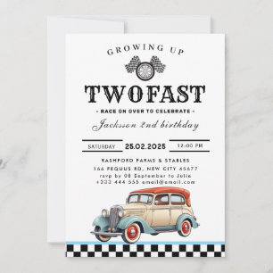 Two Fast Race Car Birthday Party  Invitation