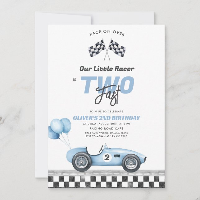 Two Fast Race Car Boy 2nd Birthday Invitation (Front)