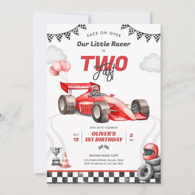 Two Fast Race Car Boy 2nd Birthday Invitation (Front)