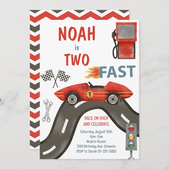 Two Fast Race Car Boy 2nd Birthday Invitation (Front/Back)