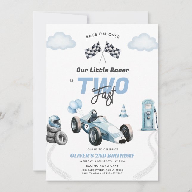Two Fast Race Car Boy 2nd Birthday Invitation (Front)