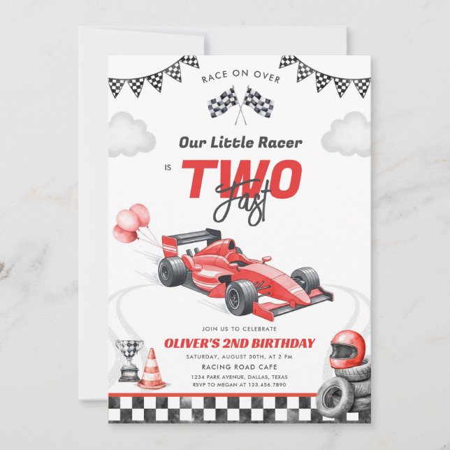 Two Fast Race Car Boy 2nd Birthday Invitation (Front)