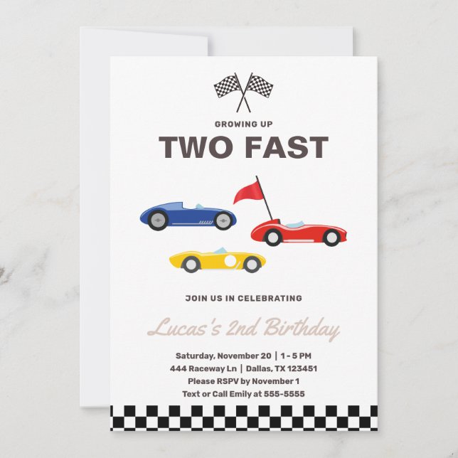 Two Fast Race Car Boy 2nd Birthday Party  Invitation (Front)