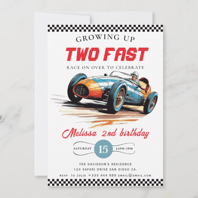 Two Fast Race Car Boy 2nd Birthday Party Invitation (Front)