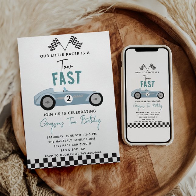 Two Fast Race Car Boy 2nd Birthday Party Invitation (Creator Uploaded)