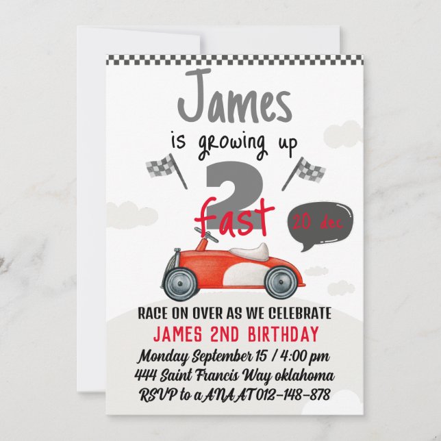 Two Fast Race Car Boy 2nd Birthday Party Invitation (Front)