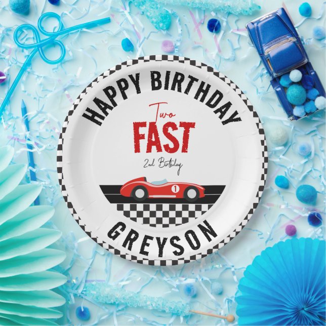 Two Fast Race Car Boy 2nd Birthday Party Paper Plate (Party)