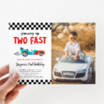 Two Fast Race Car Boy 2nd Birthday Party Photo Invitation<br><div class="desc">Cute race car theme kid's 2nd birthday party photo invitation card featuring illustration of a blue vintage car with flames. The text says "growing up two fast."</div>