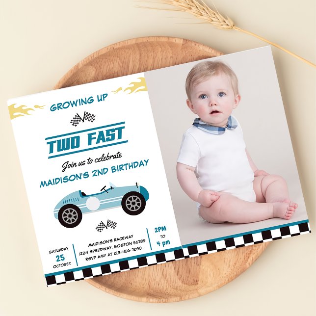 Two Fast Race Car Boy 2nd Birthday Party Photo  Invitation (Creator Uploaded)