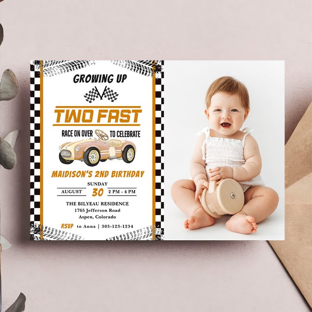 Two Fast Race Car Boy 2nd Birthday Party Photo  Invitation (Creator Uploaded)