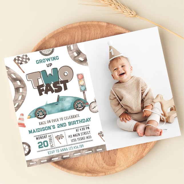 Two Fast Race Car Boy 2nd Birthday Party Photo  Invitation (Creator Uploaded)
